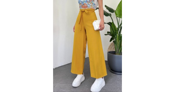 Belted Trousers Wide Leg Trousers Mustard Audrey Trousers In