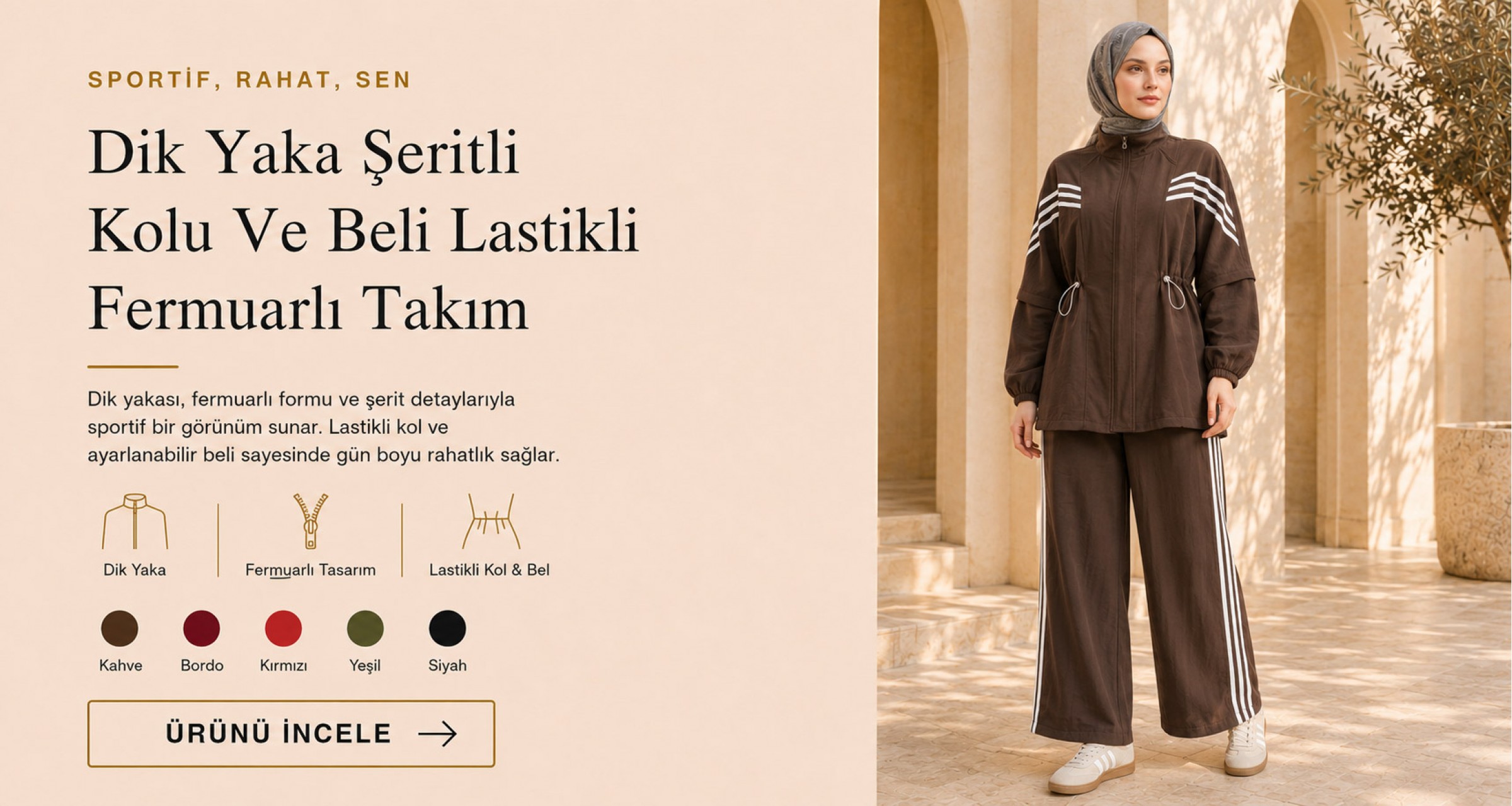 Dik Yaka Şeritli Kolu Ve Beli Lastikli Fermuarlı Takım