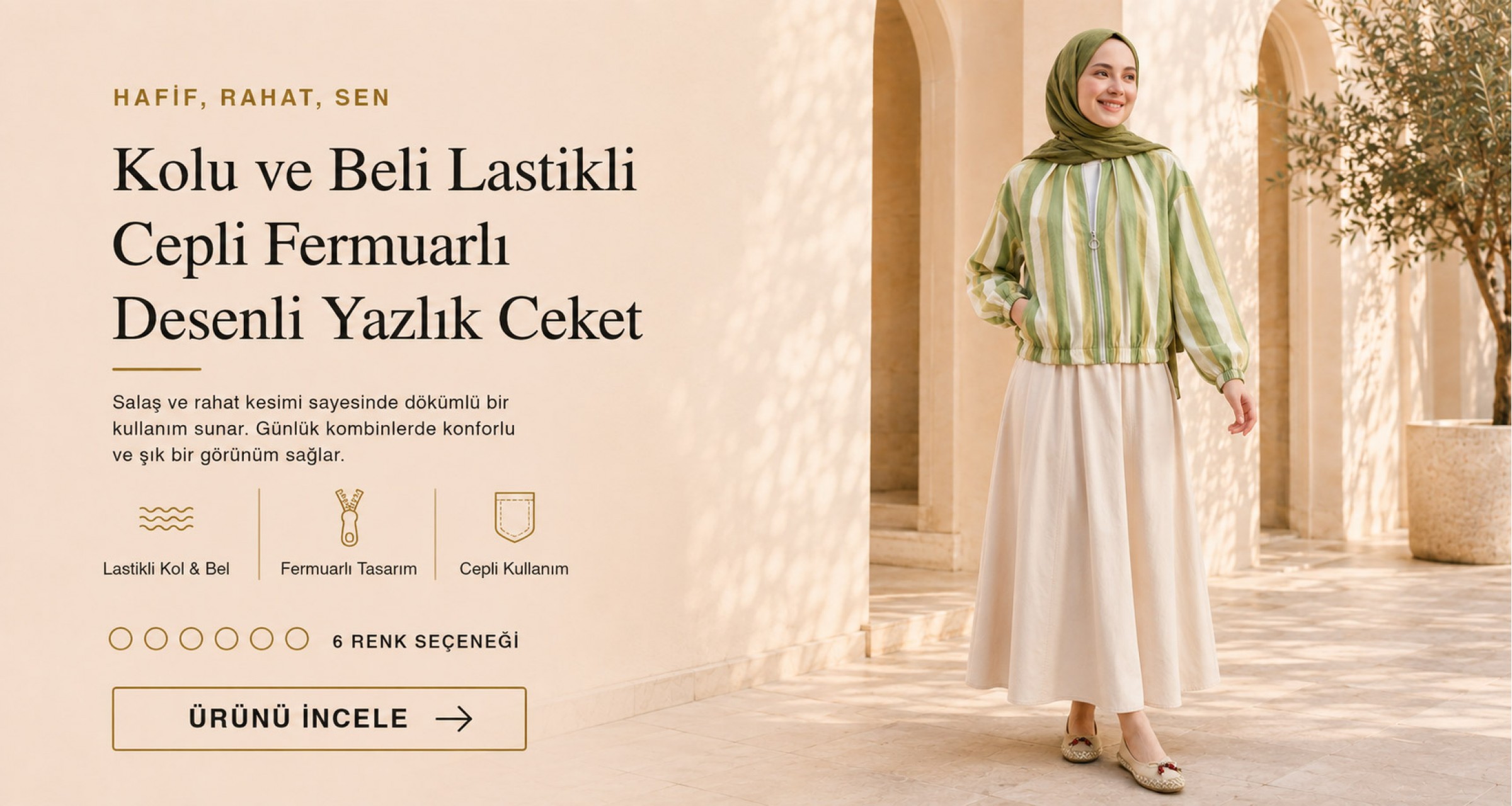 Kolu Ve Beli Lastikli Cepli Fermuarlı Desenli Yazlık Ceket