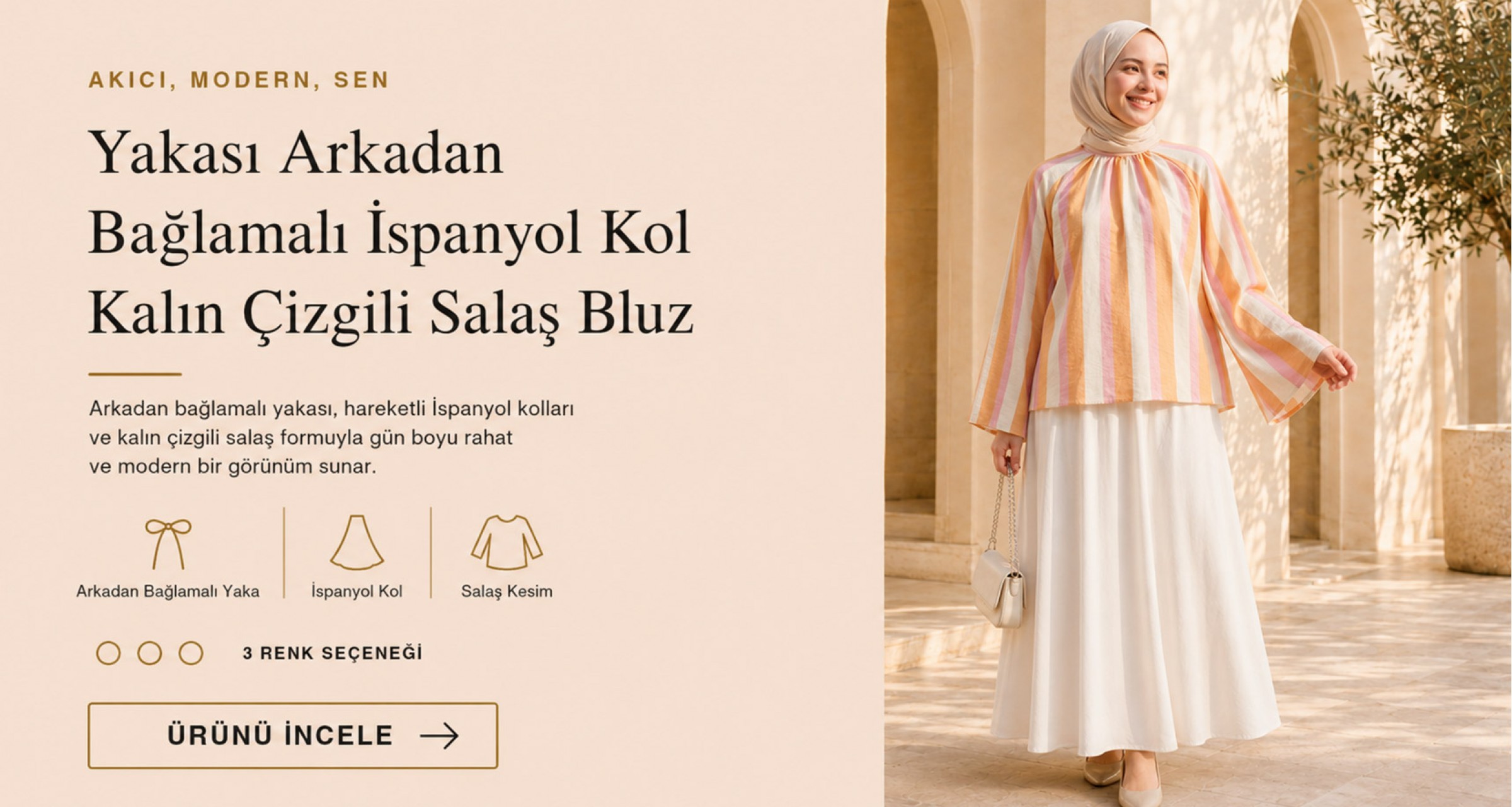 Yakası Arkadan Bağlamalı İspanyol Kol Kalın Çizgili Salaş Bluz
