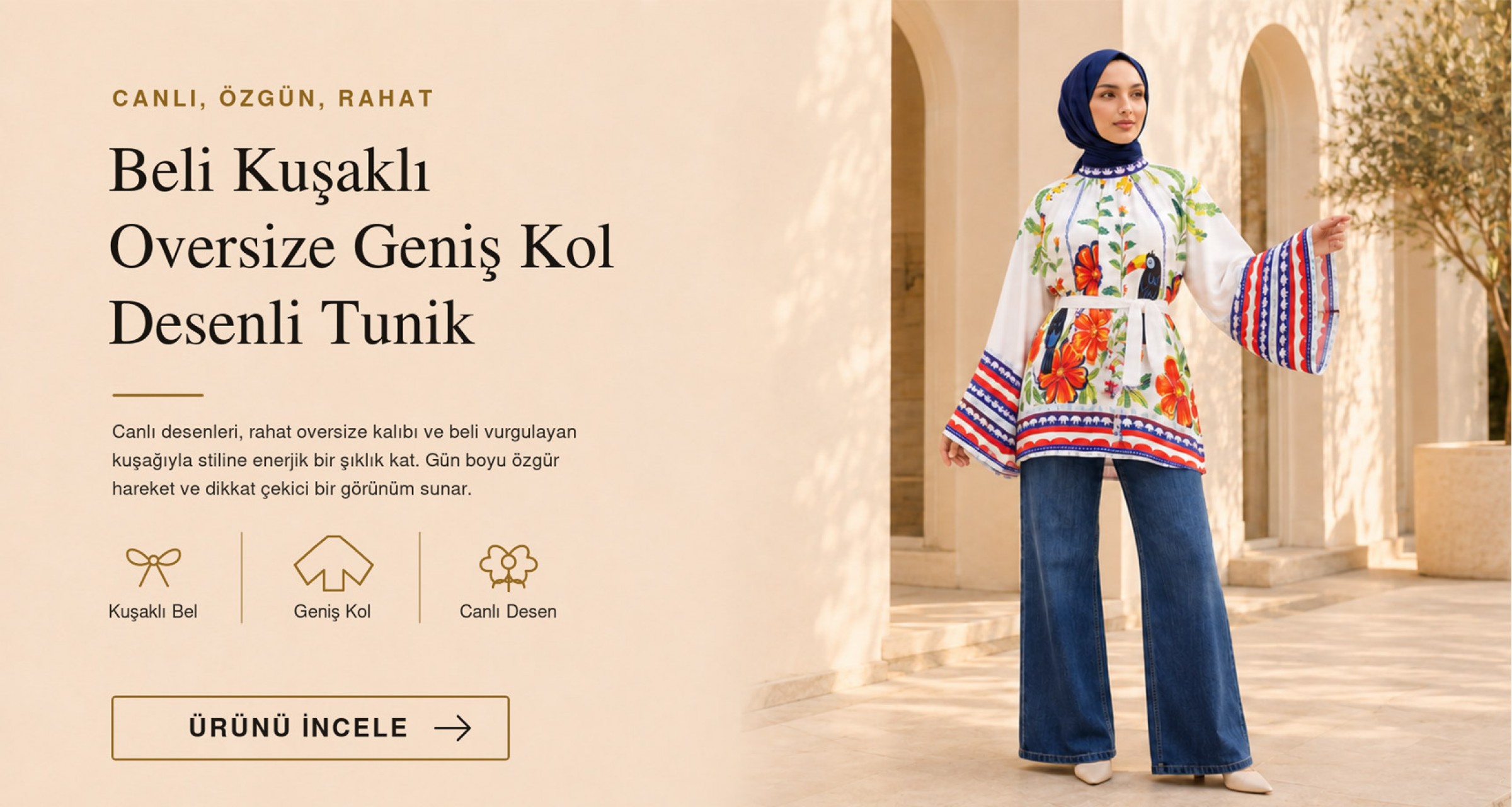 Beli Kuşaklı Oversize Geniş Kol Desenli Tunik