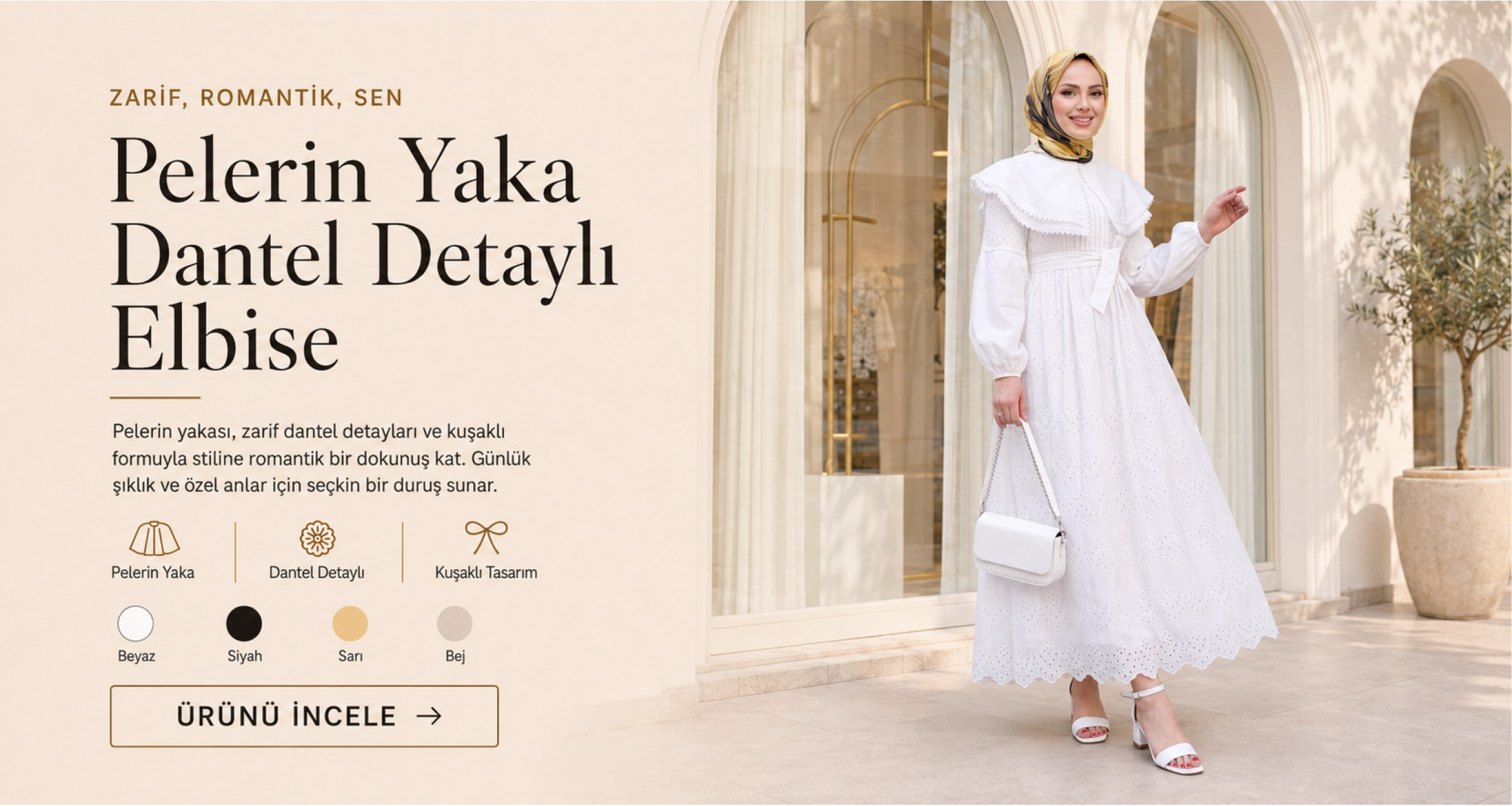 Pelerin Yaka Dantel Detaylı Elbise