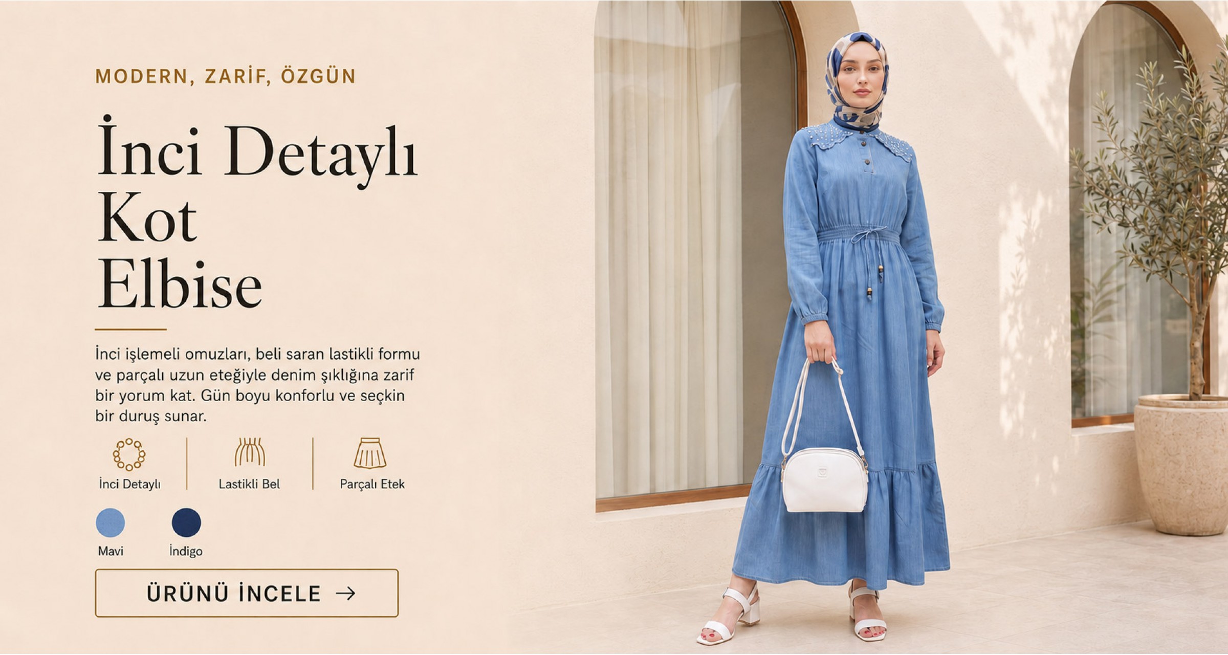 Omuzu İncili Beli Lastikli Parçalı Uzun Kot Elbise