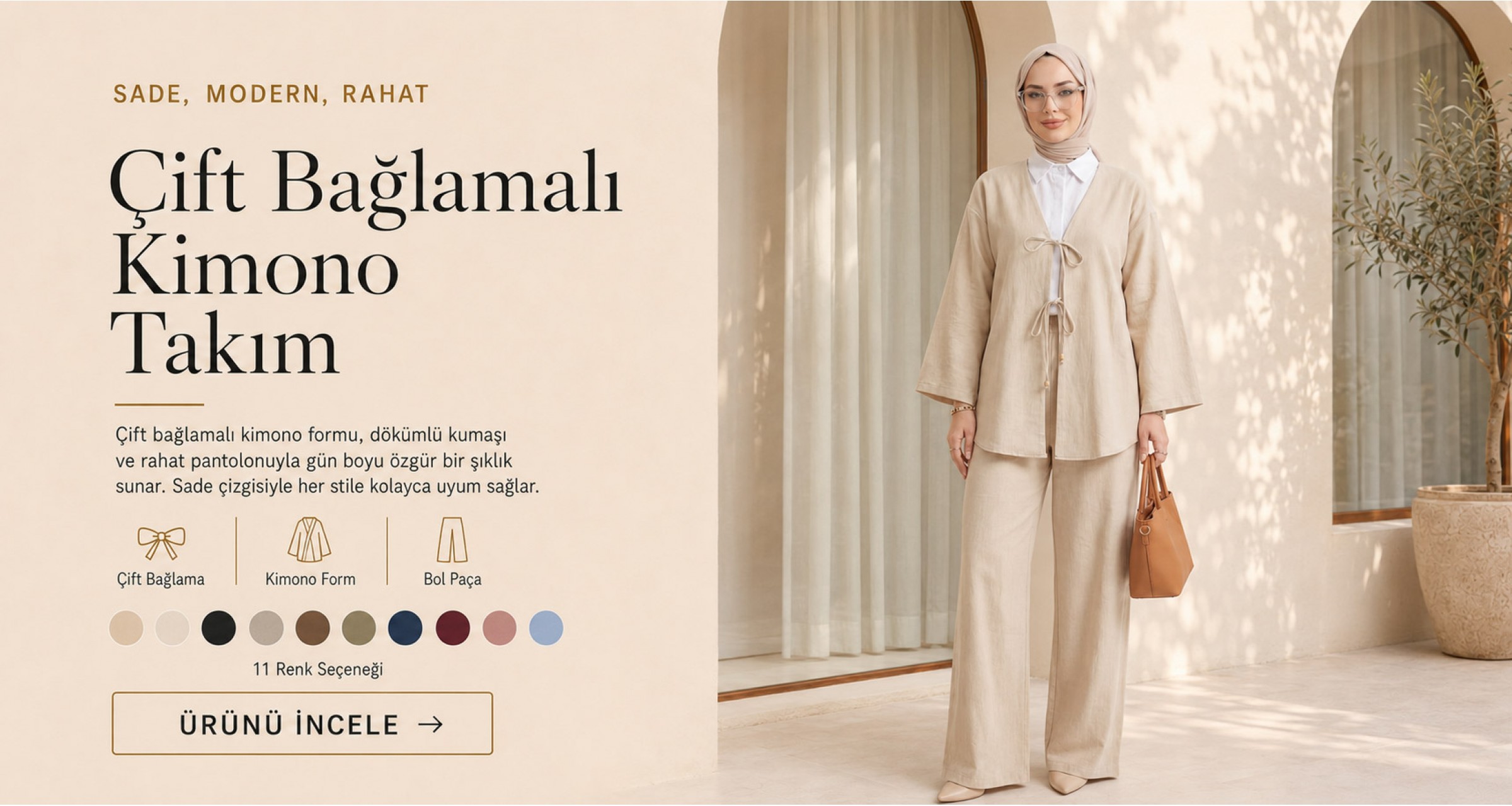 Önü Çift Bağlamalı Pantolonlu Kimono Takım