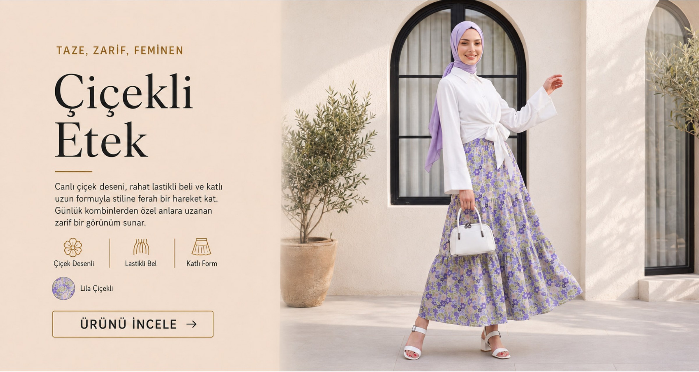 Beli Kemerli Çiçekli Parçalı Etek