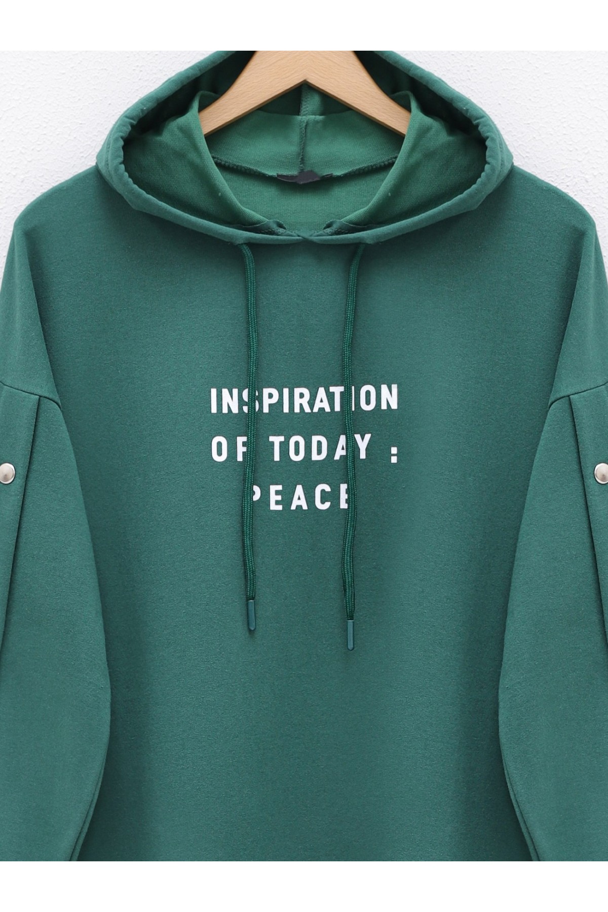 Kolları Çıtçıtlı Kapşonlu Sweat  -Zümrüt