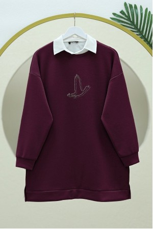 Kuş Desenli Taşlı Oysho Tunik  -Bordo