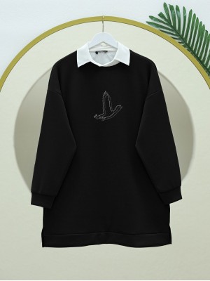 Kuş Desenli Taşlı Oysho Tunik  -Siyah