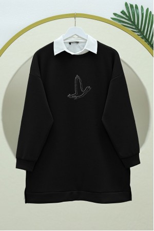 Kuş Desenli Taşlı Oysho Tunik  -Siyah