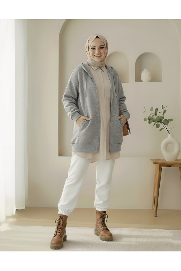 Hooded Pocket Zippered Raised Sweater -Grey