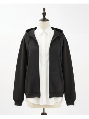 Hooded Zippered Pocketed Combed Cotton Sweater -Black