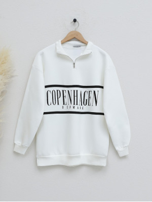 Three String Half Zipper Ribbed Sweat -White