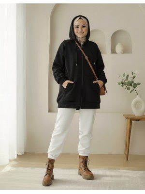 Hooded Pocket Zippered Raised Sweater -Black