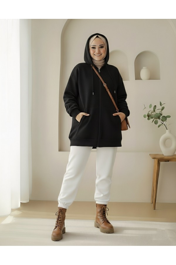سترة مرتفعة بغطاء رأس وسحاب وجيب -أسود