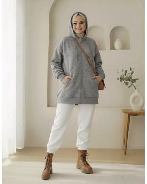 سترة مرتفعة بغطاء رأس وسحاب وجيب -اللون الرمادي