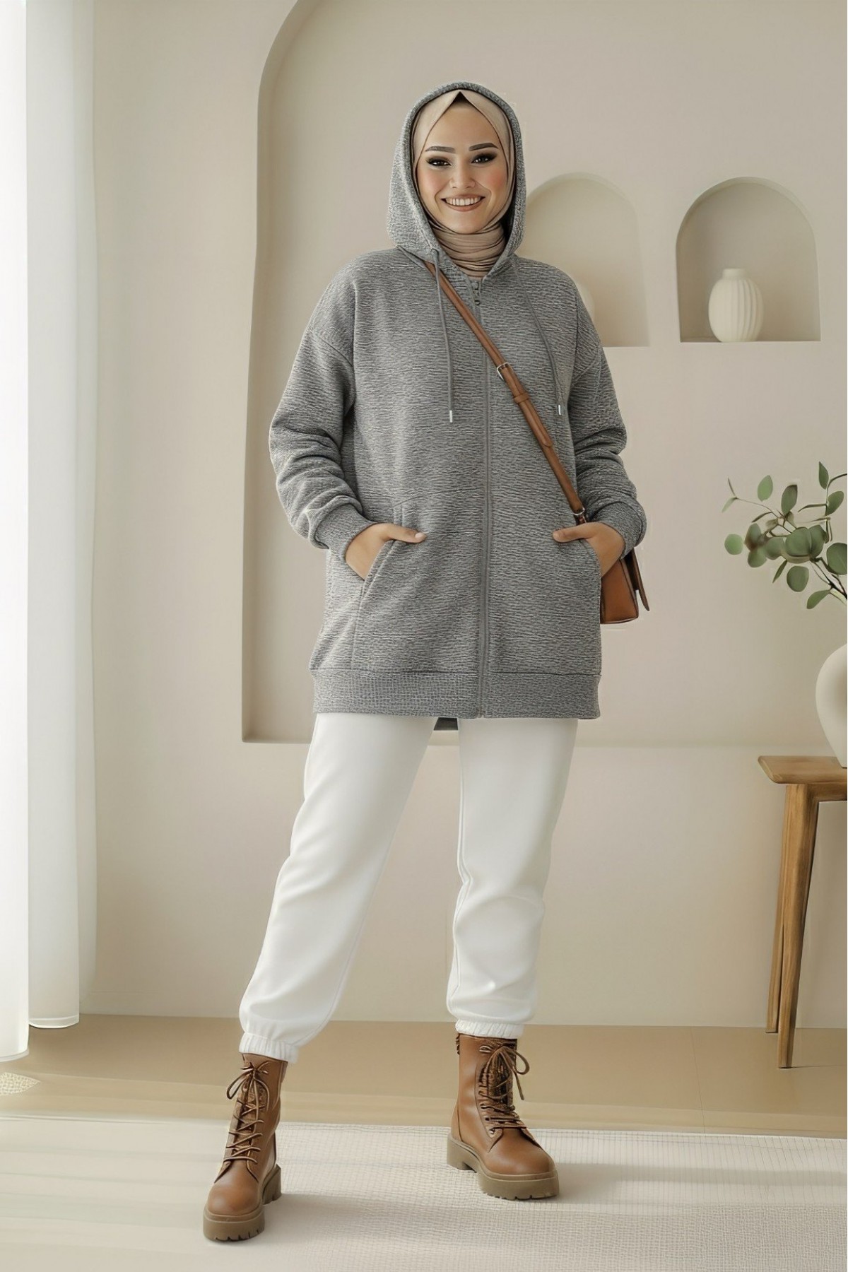 Hooded Pocket Zippered Raised Sweater -Grey