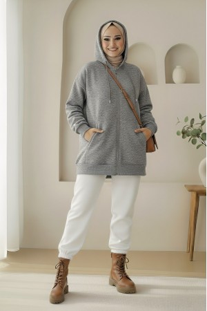 Kapşonlu Cepli Fermuarlı Şardonlu Sweat -Gri