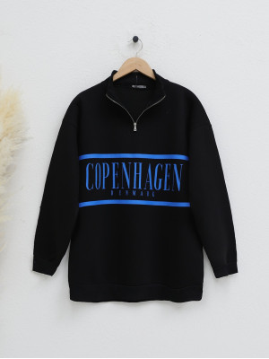 Three String Half Zipper Ribbed Sweat -Black