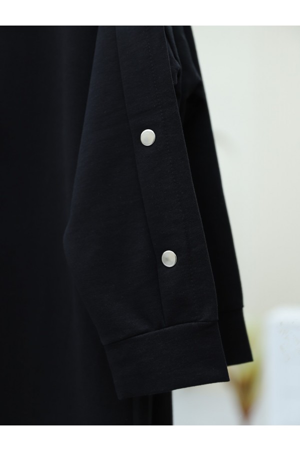 Snap Fastener Hooded Sweat -Black