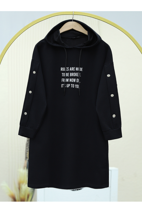 Snap Fastener Hooded Sweat -Black