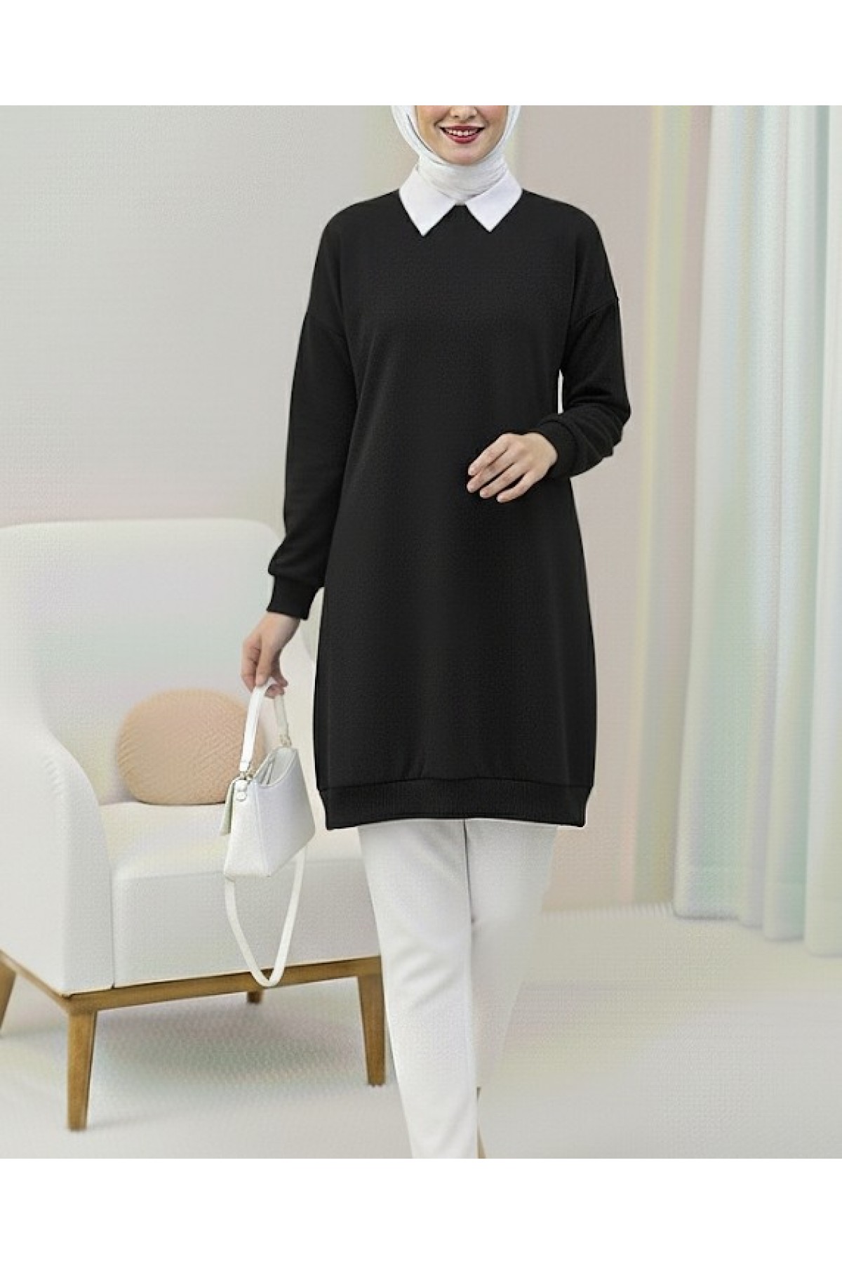 Crew Neck Slit Combed Cotton Sweater -Black