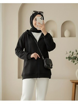 Kapşonlu Fermuarlı Cepli Penye Sweat -Siyah