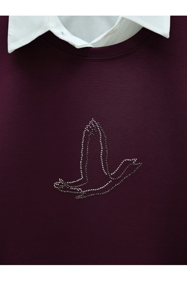 Kuş Desenli Taşlı Oysho Tunik  -Bordo