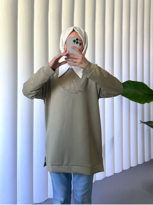 Kuş Desenli Taşlı Oysho Tunik  -Haki