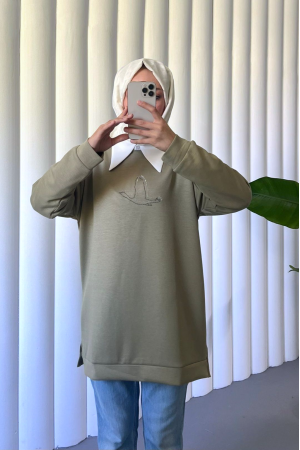 Kuş Desenli Taşlı Oysho Tunik  -Haki