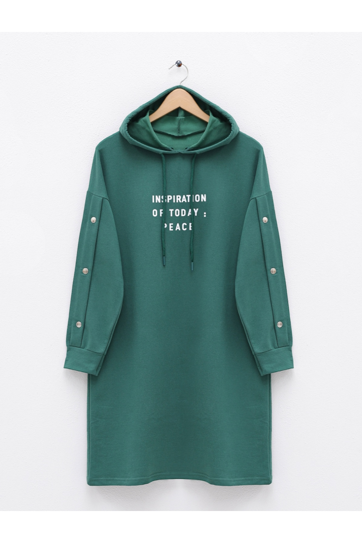 Kolları Çıtçıtlı Kapşonlu Sweat  -Zümrüt