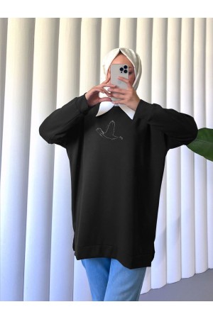 Bird Patterned Stoned Oysho Tunic -Black