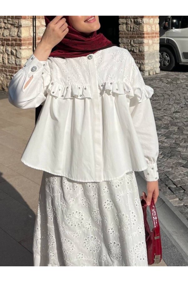 Single Button Front Ruffle Stone Skirted Suit -White