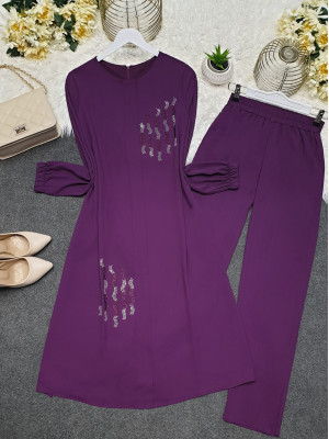 Adhesive Stone Detailed Slit Chiffon Set - Purple