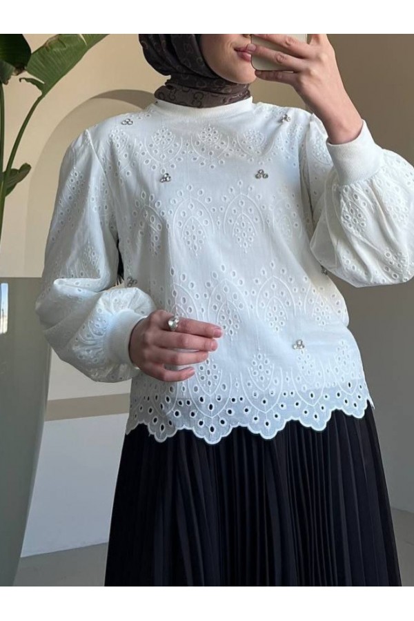Yuvarlak Yaka Taşlı Astarlı Tunik -Beyaz