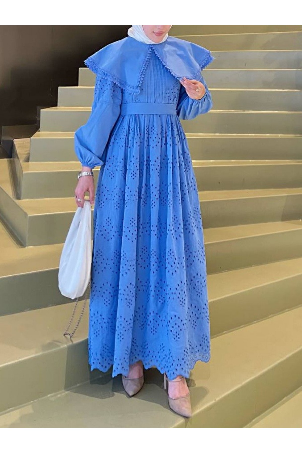 Cape Collar Lace Detail Dress -Blue
