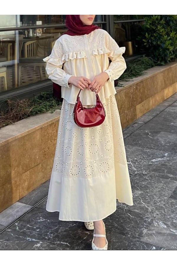 Single Button Front Ruffle Stone Skirted Suit - Beige