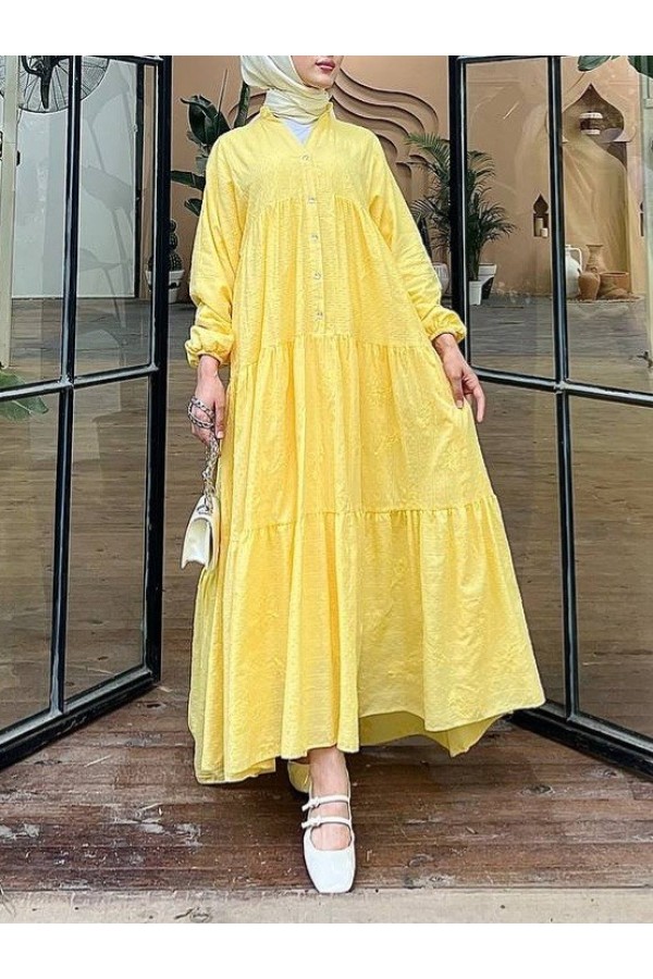 Button Detailed Dress -Yellow