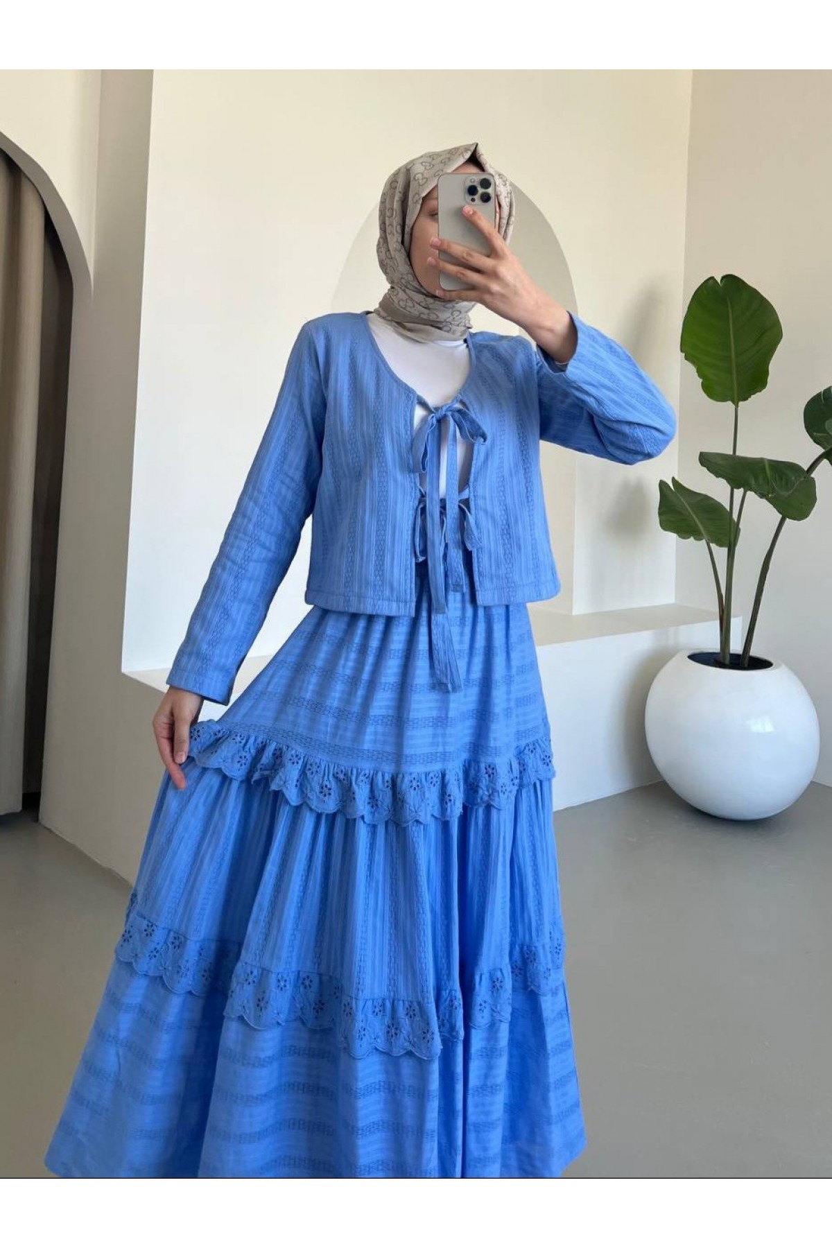 Önü Bağlamalı Fistolu Etekli Takım -Mavi