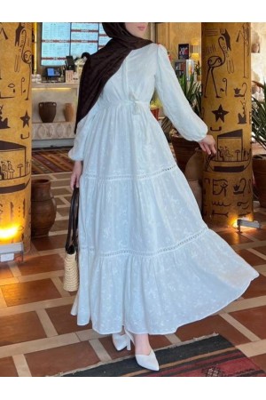 Eteği fırfırlı Dantel Şerit Detaylı Elbise -Beyaz