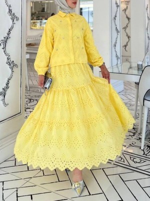 Fisto Detaylı Etekli Takım -Sarı