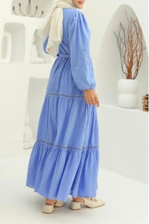 Ruffled Lace Strip Detail Dress -Blue