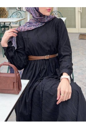 فستان برباط وخصر مطاطي -أسود