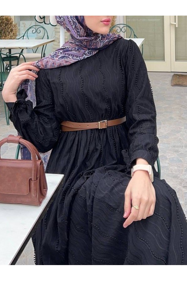 Belden lastikli Maşeti Bağcıklı Elbise (Kemersiz) -Siyah