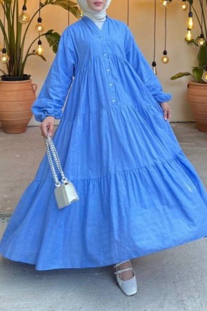 Parçalı Düğme Detaylı Elbise -Mavi