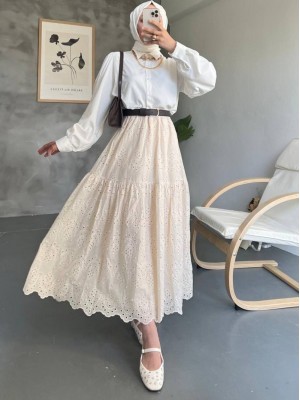 Parçalı İnci Detaylı Beli Lastikli Etek -Bej