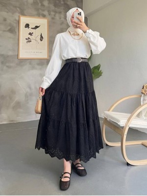 Parçalı İnci Detaylı Beli Lastikli Etek -Siyah