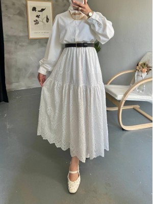 Parçalı İnci Detaylı Beli Lastikli Etek -Beyaz