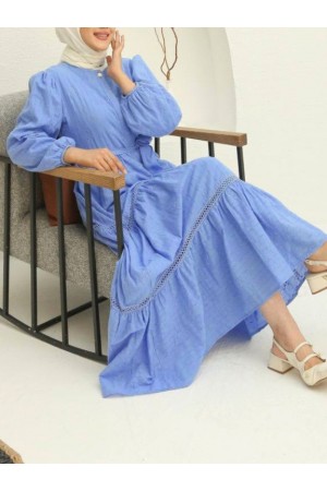 Eteği fırfırlı Dantel Şerit Detaylı Elbise -Mavi
