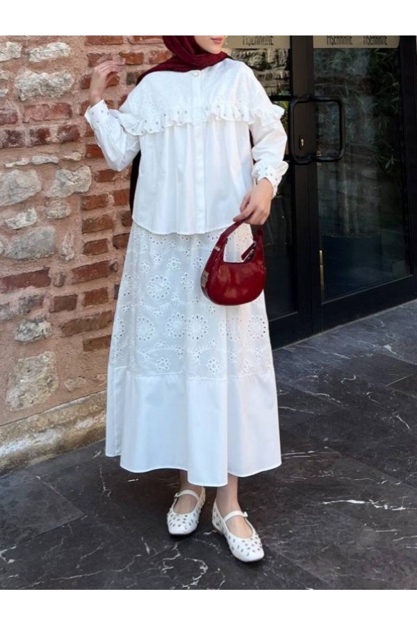 Single Button Front Ruffle Stone Skirted Suit -White