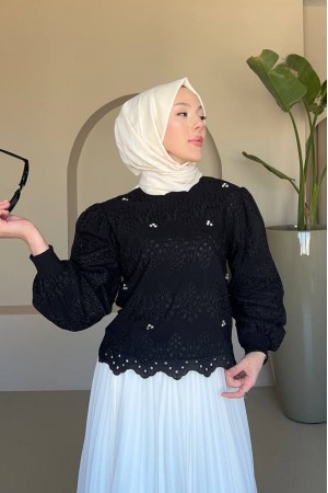 Yuvarlak Yaka Taşlı Astarlı Tunik -Siyah